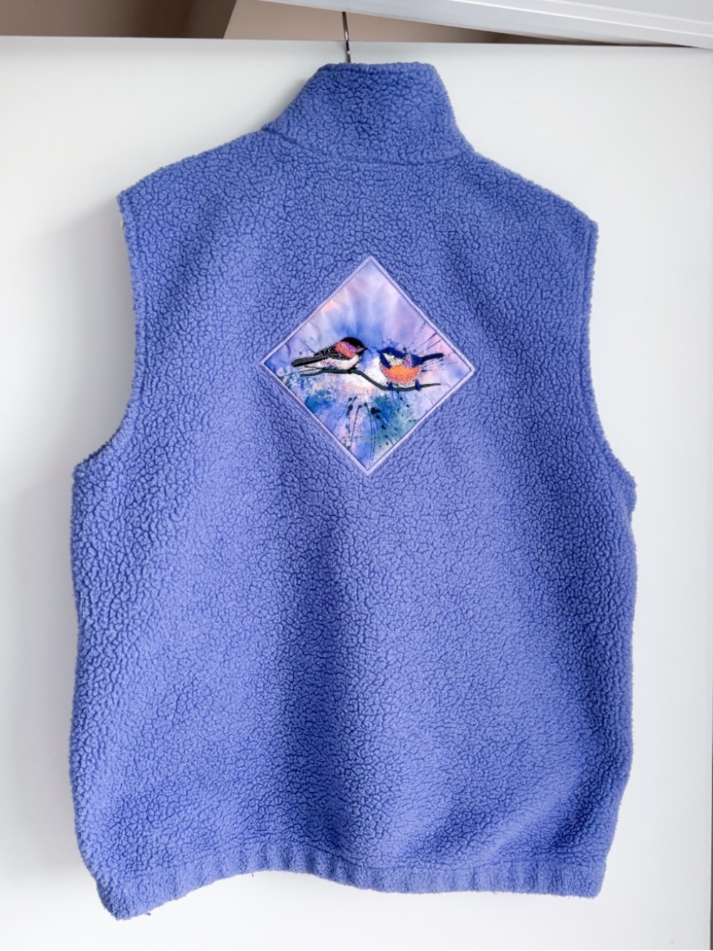 Vtg Jackye Mills Fleece Vest M Blue Periwinkle Bird Graphic Wearable Art Canada